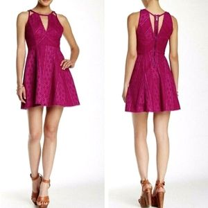 Free People Raspberry Magenta Pink Lace Overlay, Fit & Flare  Mini Dress size 0